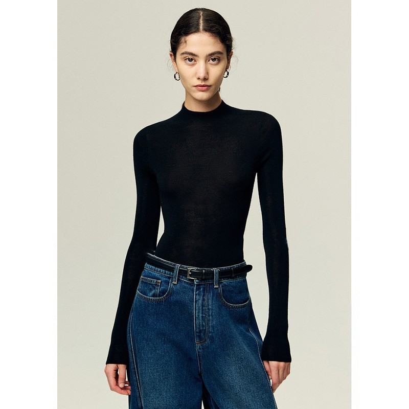 [Yangzi Yarn] シームレス 100% ウール セーター ハーフタートルネック セーター 長袖 ボトムス ミッドカラー 万能トップス 秋冬 レディース