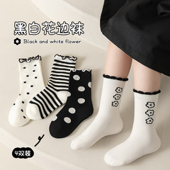 兒童襪子批發春秋季新款花邊兒童中筒襪黑白棉襪韓系可愛女童襪子