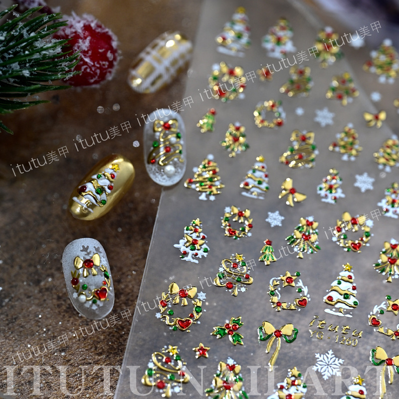 Itutu New Colorful Christmas Nail Art Stickers Hot Stamping Christmas Tree Garland Snowflake Bow Fingertip Adhesive Stickers