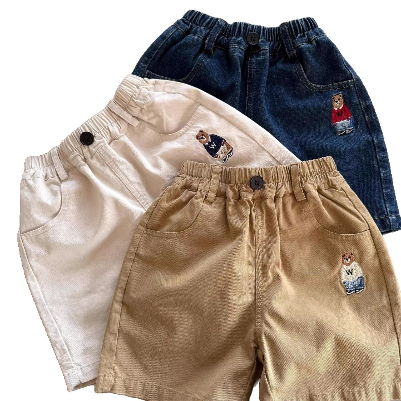 Pantalones cortos para niños 2025 verano, niños y niñas, jeans bordados de oso de la marca de moda japonesa, pantalones casuales de cinco puntos de estilo occidental para bebés image 5