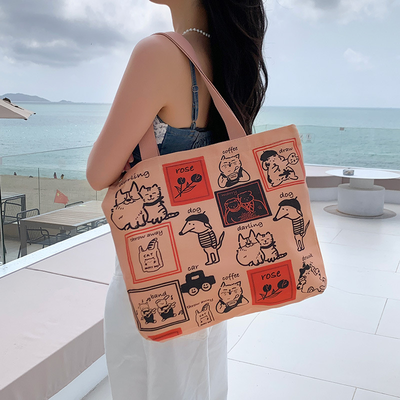 韩版卡通帆布包女单肩托特包2025年新款大容量学生手提袋一件代发