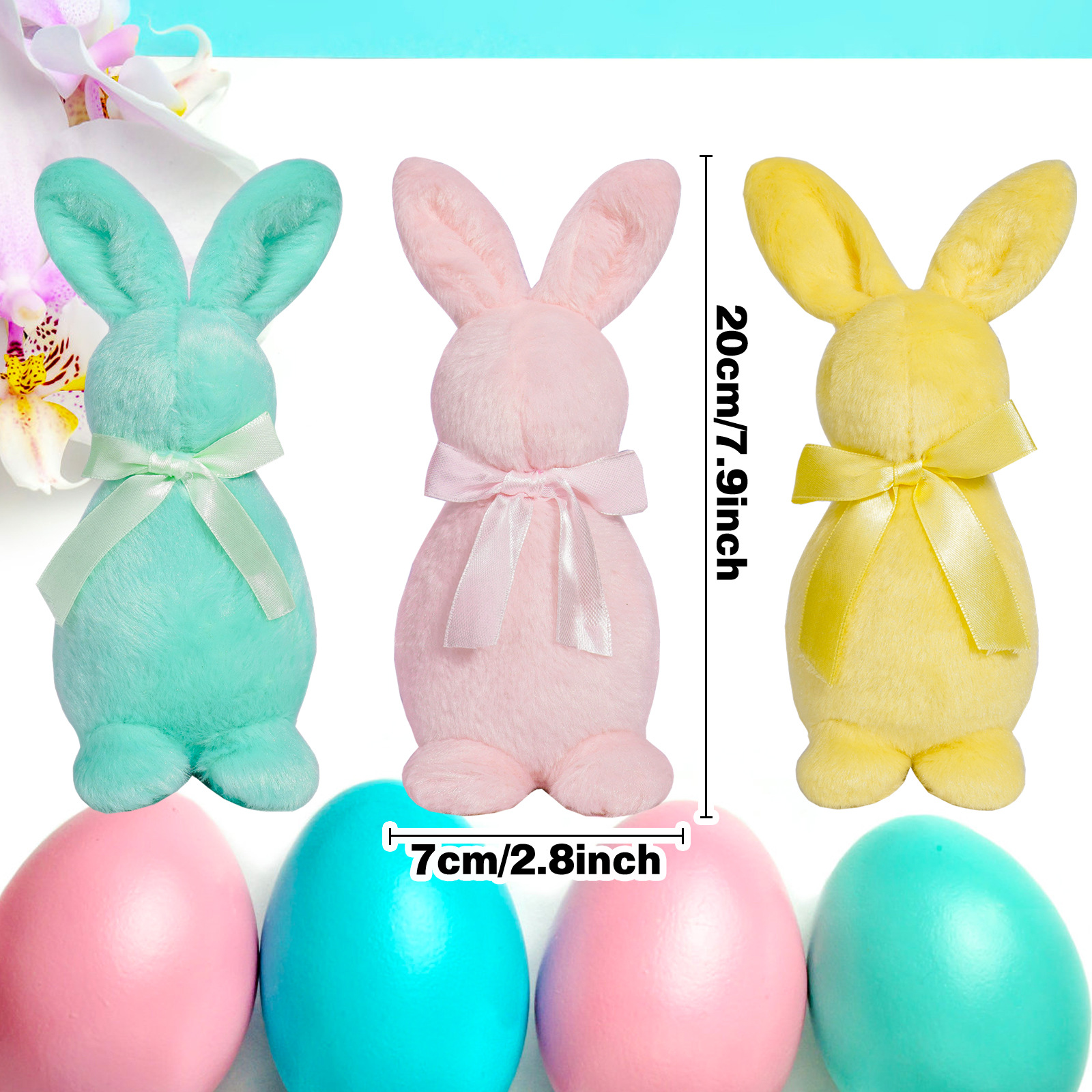 Nuevos productos transfronterizos de conejo de Pascua muñeca de peluche arco amarillo rosa azul adornos de regalo adornos de decoración