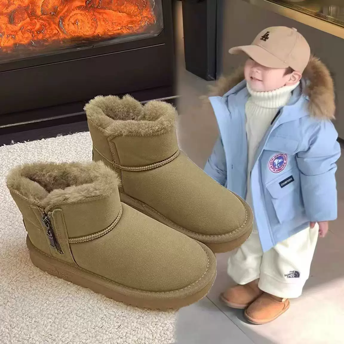 冬季新款儿童雪地靴男童防滑防雪保暖鞋加绒加厚女童棉鞋侧拉链鞋