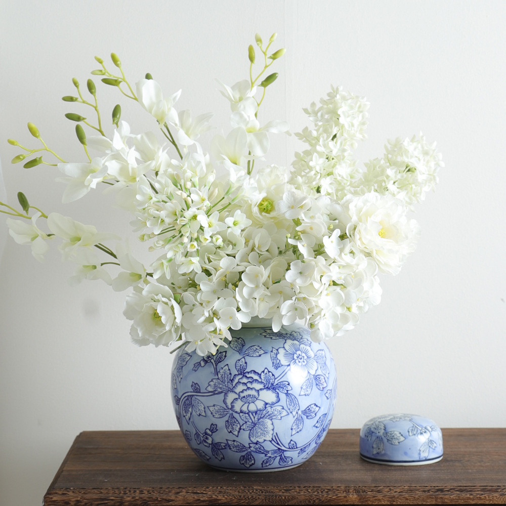 Flores de porcelana azul, flores de cerámica de alto nivel, estilo chino antiguo, retro, botella de granada de color rojo, granada de abdomen grande, Año Nuevo