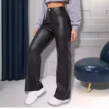 女长裤欧美直筒裤速卖通裤子女秋冬pu皮革高腰阔腿裤休闲裤女拉链