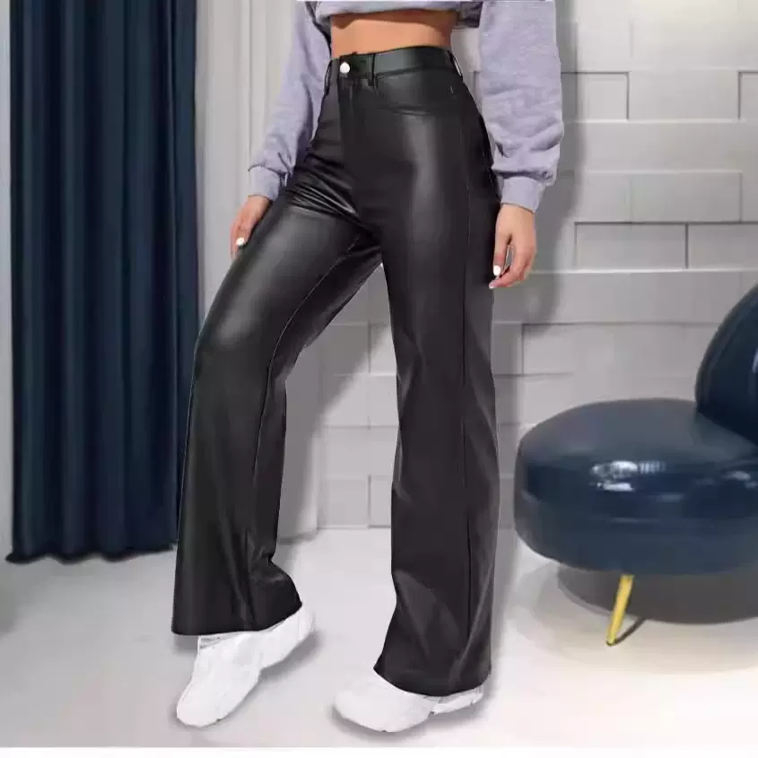 女长裤欧美直筒裤速卖通裤子女秋冬pu皮革高腰阔腿裤休闲裤女拉链