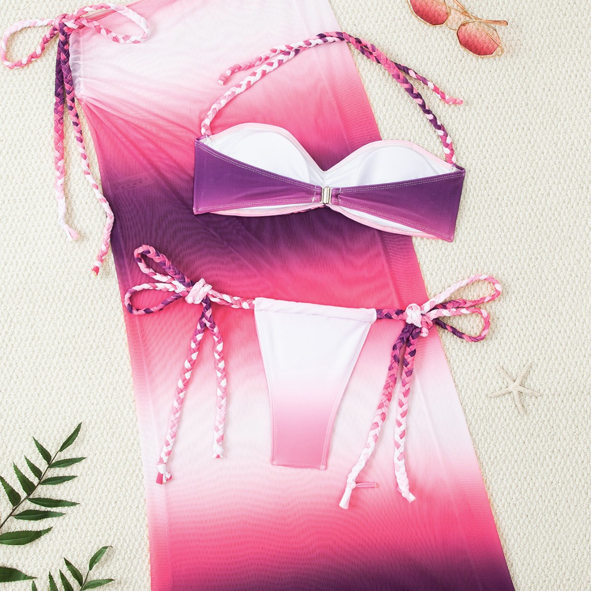 Dames 3-delige badpakset met kleurblokken, bikini, rok met hoge taille en touwdetails. Sexy en stijlvolle badkleding voor strand en zwembad._voghion.com