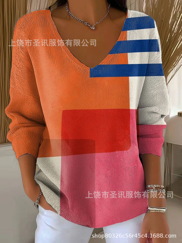 欧美跨境独立站新款3D印花女士时尚渐变色V领长袖T恤上衣|undefined