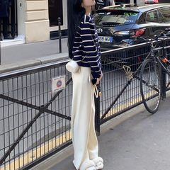 韩系女条纹针织上衣开衫显瘦直筒阔腿裤女感松弛套装外套女