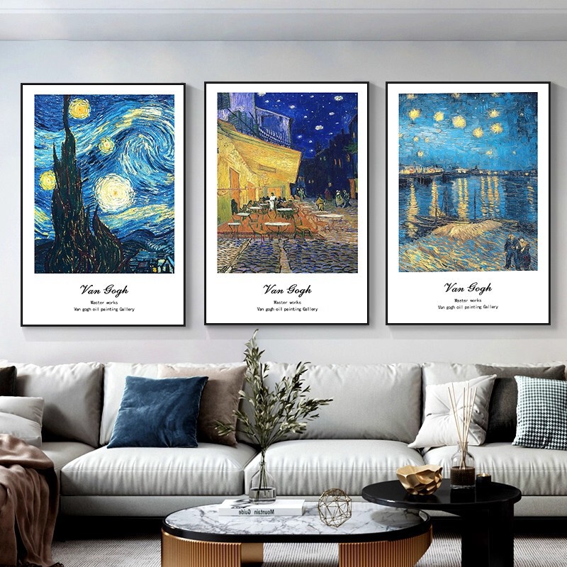 Van Gogh Living Room Decorative Painting Starry Harvest Sofa Background Wall Hanging Painting Monet Abstract Dining Room High-End Triptych Mural