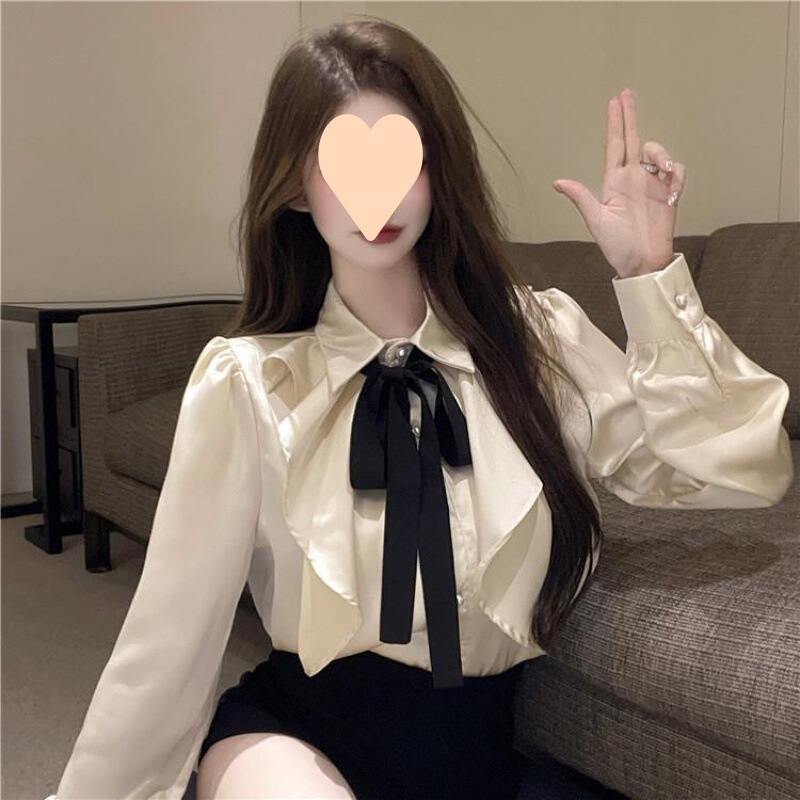 Palace Style Shirt Women's Long-sleeved Bow Tie Lapel Ruffled French Shirt Niche Chic Top Autumn and Winter