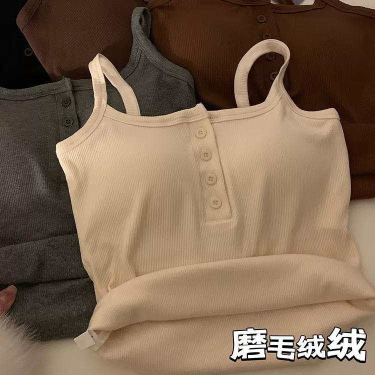 灰色短款带胸垫吊带背心女夏季美式辣妹外穿无袖内搭纽扣打底上衣