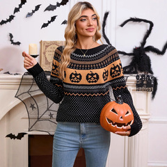 ヨーロッパとアメリカの秋と冬の女性用セーター Amazon クロスボーダー ハロウィン カボチャ刺繍レトロ水玉模様の女性用長袖セーター