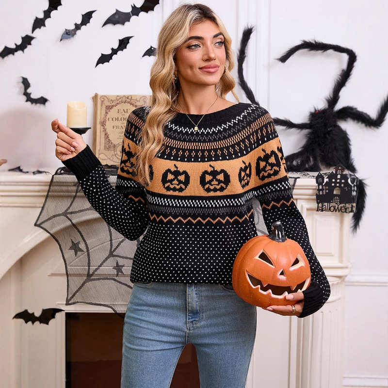 European and American Autumn and Winter Knitwears for Women Amazon Cross-Border Halloween Pumpkin Embroidered Retro Polka Dot Long-Sleeved Knitwears for Women