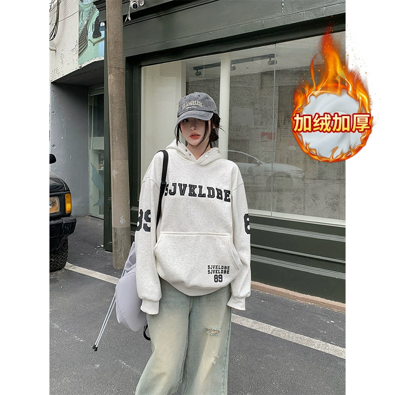 Трансграничный хлопок из хлопка и хлопка, действительно супер осень и зима, бархат утолщение 2024 прилив вышивка чувство с капюшоном, теплый топ