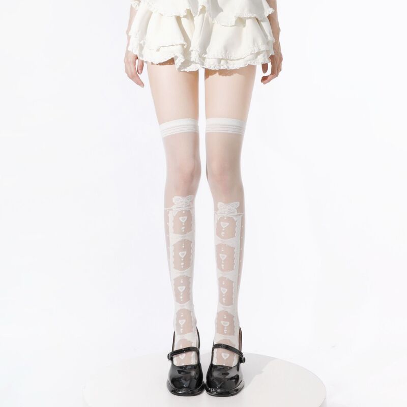 Lace butterfly heart jacquard glass silk long socks for women, summer thin Japanese Lolita sweet over-the-knee socks