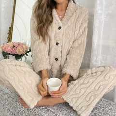 珊瑚绒睡衣秋冬加厚加绒保暖法兰绒开衫家居服女可外穿两件套装