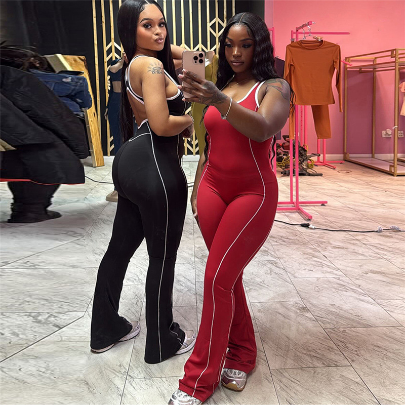 Women's Backless Slim-Fit Yoga Jumpsuit - High Waist Tummy Control Workout Bodysuit With Contrast Color Design For Summer_voghion.com