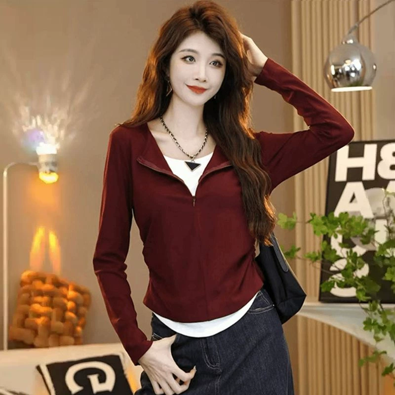 Трансграничная осень новая мода футболка с длинными рукавами женская поддельная две части застежки-молнии дизайн тонкого тонкого дна