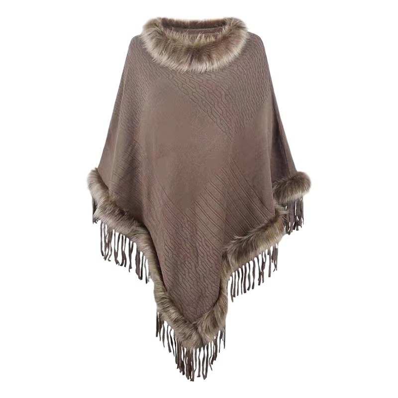 Imitation fox fur collar mid-length tassel cape shawl women's sweater coat loose-fit plus size irregular bat shirt