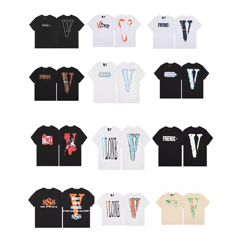 Wholesale Vlone Fog American Niche Fashion Brand Couple's T-Shirt with Mosaic Friends Letters Cotton Short Sleeves Wholesale Vlone Fog American Niche Fashion Brand Couple's T-Shirt with Mosaic Friends Letters Cotton Short Sleeves