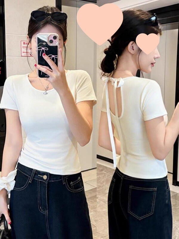 クロスボーダースポットボウバックレスピュアデュード半袖ラウンドネックTシャツホットガールスリミングデザインショルダートップ直販|undefined