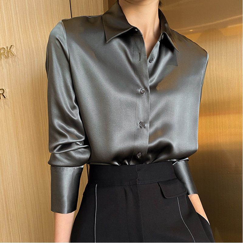 High-grade Acetic Acid Satin Shirt Women's Summer Shoulder Tencel Silk Top Light Mature Style Elegant Ladies Shirt