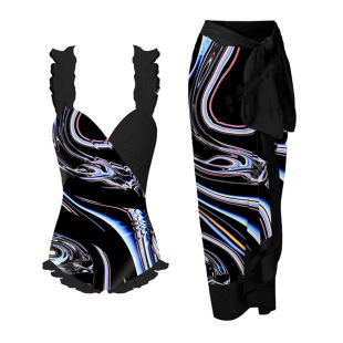 Cool Futuristic Swimsuit Set with Colorful Lines, Full-Print Ear-Hemmed One-Piece Swimsuit with Skirt, European and American Cross-Border