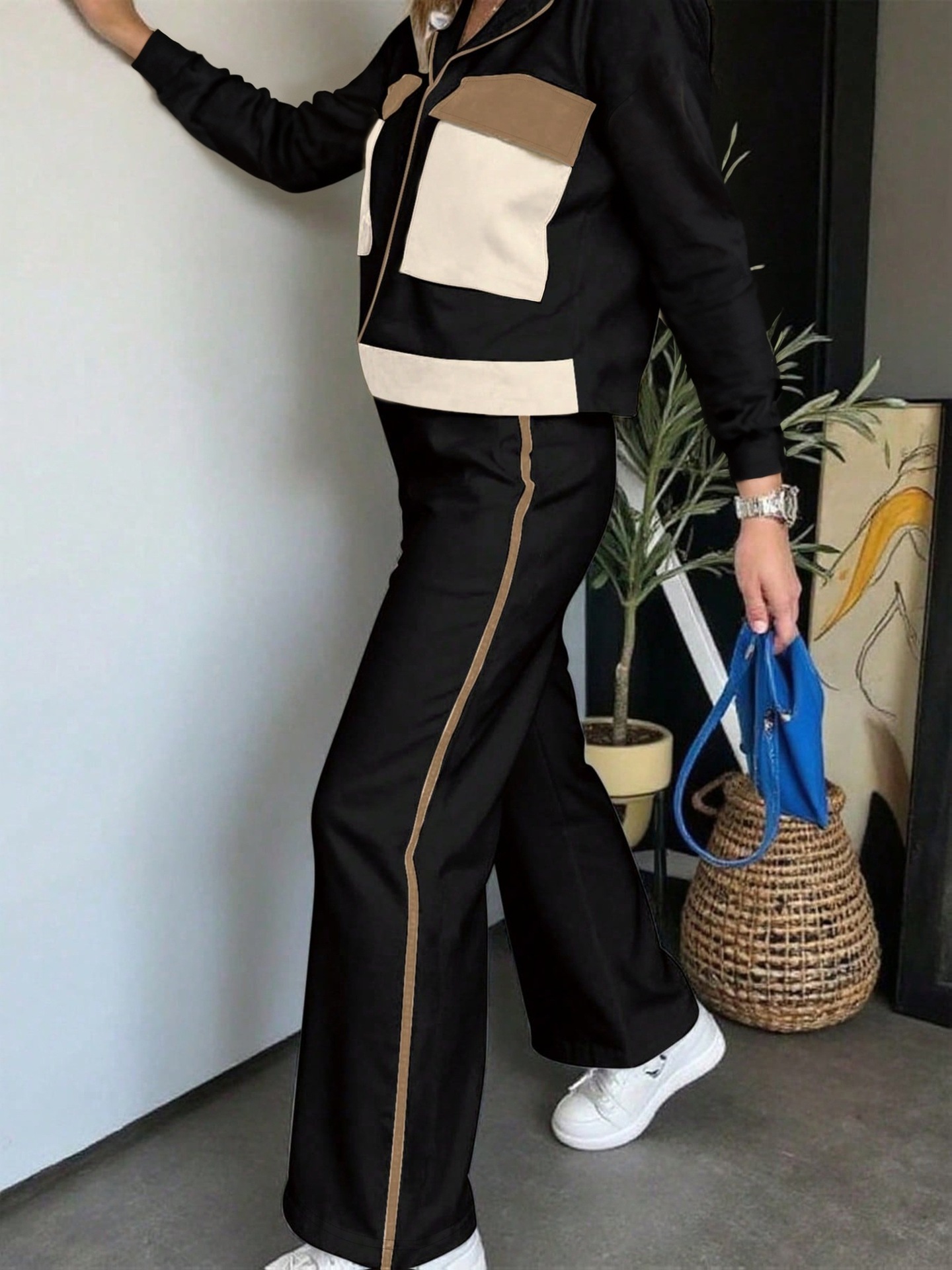 Women's Color Block Two Piece Set Long Sleeved Top Elastic Waist Straight Leg Trousers_ecoleips.com