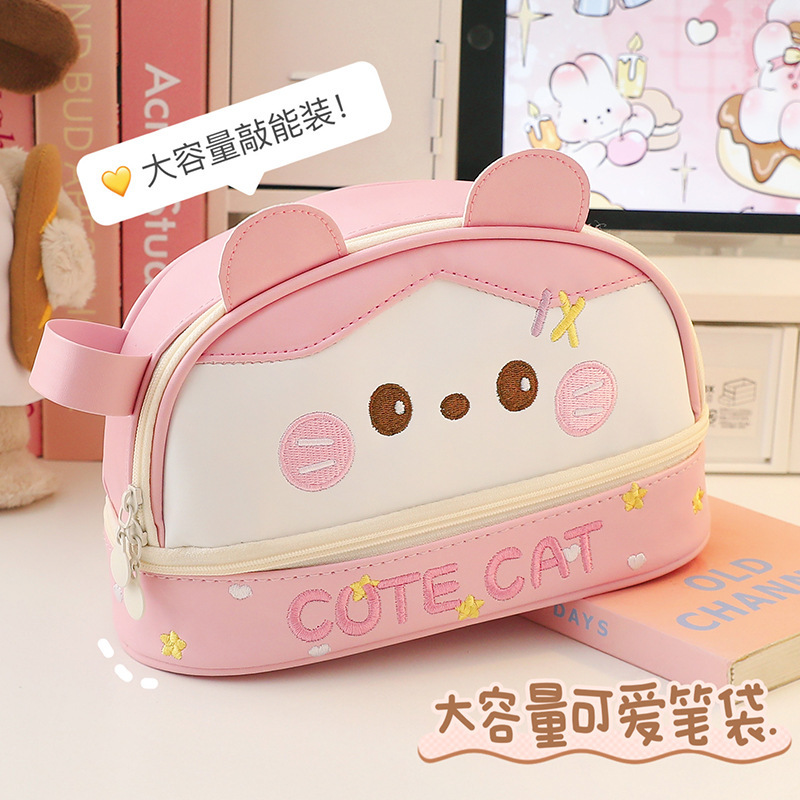 Nuevo estuche de lápices impermeable de dibujos animados, bolsa de cosméticos de almacenamiento de gatos de gran capacidad, bolsa de papelería para estudiantes, caja de papelería linda coreana