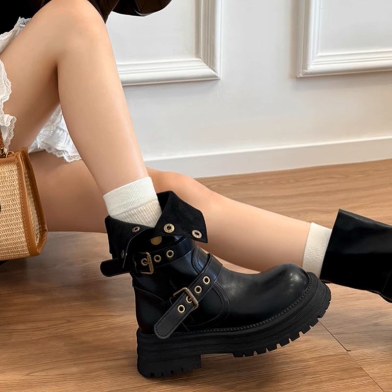 Wow~秋冬の女性用厚底メイラードミッドカーフショートブーツ、新しいレトロな英国スタイルのスリムで背の高いブラウンマーティンブーツ|undefined