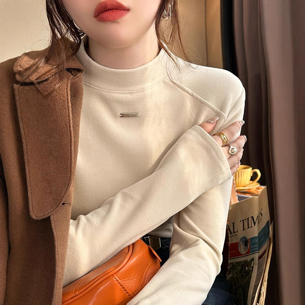 Double-Sided Velvet Half Turtleneck Inner Layering Shirt for Women Autumn and Winter 2024 New Velvet T-Shirt Style Top