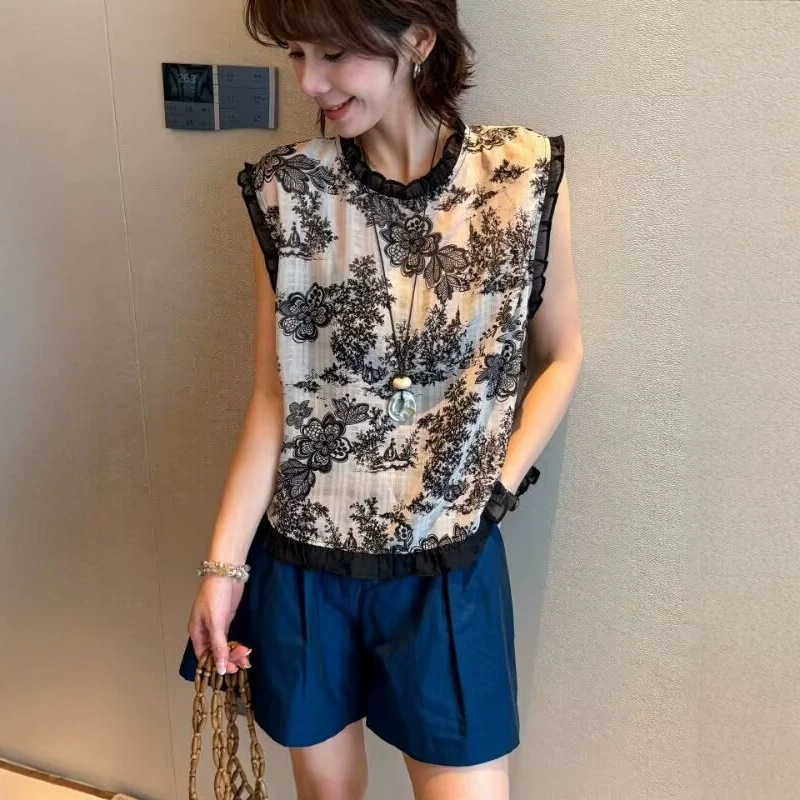 High-End Jacquard Ruffle Sleeveless Blouse for Women 2026 New Style Loose Slimming Versatile Trendy Top