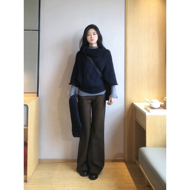 Korean-Style Cape Knit Sweater Layered with a Base Layer Shirt, High-Waisted Slimming Casual Pants, Fashionable Outfit Korean-Style Cape Knit Sweater Layered with a Base Layer Shirt, High-Waisted Slimming Casual Pants, Fashionable Outfit