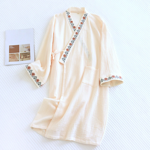 Traditional-style Lace-Up Embroidered Nightgown for Women: Double-Layered Cotton Gauze Bathrobe, Pure Cotton Design—Perfect for Spring and Autumn Home Wear & Sleepwear