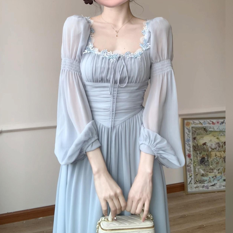 ブルーパフスリーブドレスレディース夏フレンチハイエンドウエストAラインスカートテクスチャードスクエアネックフェアリーロングスカート|undefined