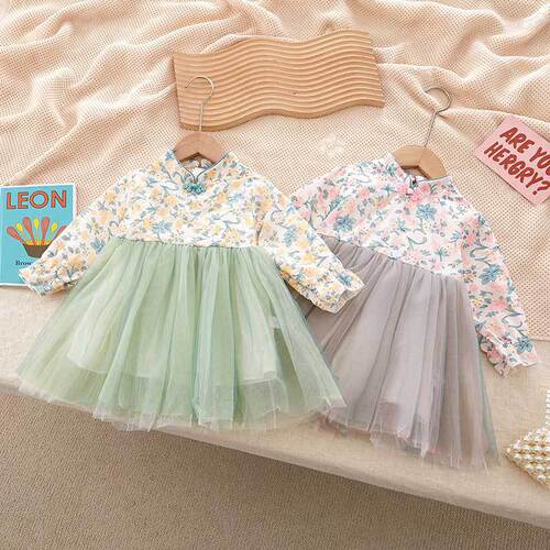 Spring and autumn girls retro dress, baby girls mesh cheongsam princess dress, long sleeves, autumn outing dress, children's dress