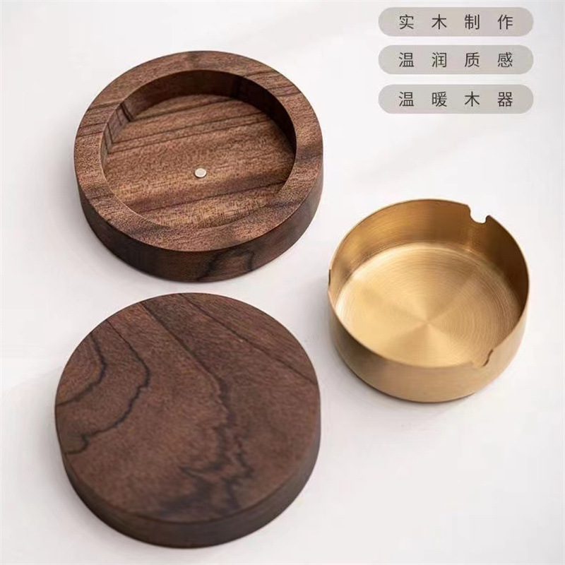 相思木胡桃色实木烟灰缸家用客厅带木盖防飞灰创意办公室木圆形款|undefined