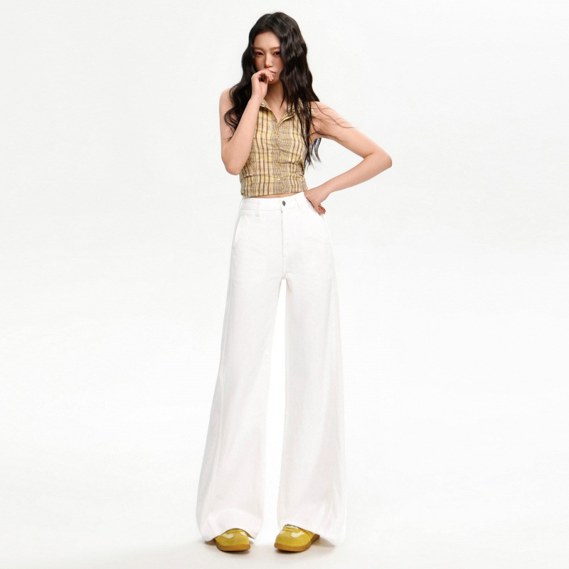 White High-Waisted Patchwork Non-Stretch Straight-Leg Jeans for Women, Summer 2026, Thin Style, Slimming, Casual, Drapey, Floor-Length Pants White High-Waisted Patchwork Non-Stretch Straight-Leg Jeans for Women, Summer 2026, Thin Style, Slimming, Casual, Drapey, Floor-Length Pants