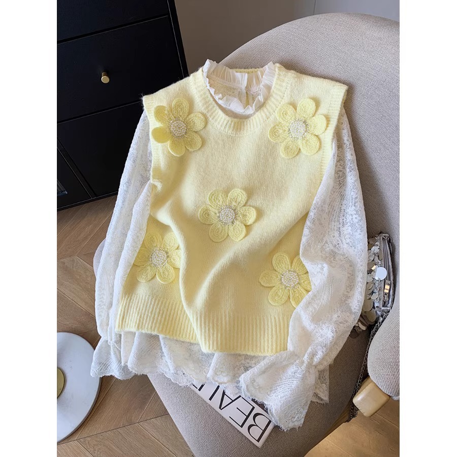 chaleco de punto de cuello redondo primavera y otoño nuevo tipo suave flor tridimensional doblada para usar clip suéter suelto chaleco de mujer