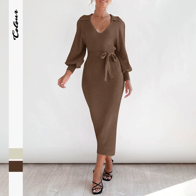 Новое платье-свитер Amazon 2025: элегантное, в стиле ретро, с рукавами-фонариками, V-образным вырезом, однотонное, вязаное, для осени и зимы.