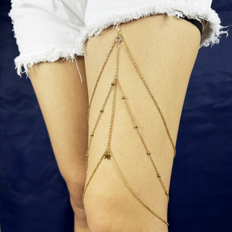 Summer Sexy Holiday Dew Leg Stainless Steel 18K Golden Cross Chain Bead Chain Elastic Tassel Thigh Chain