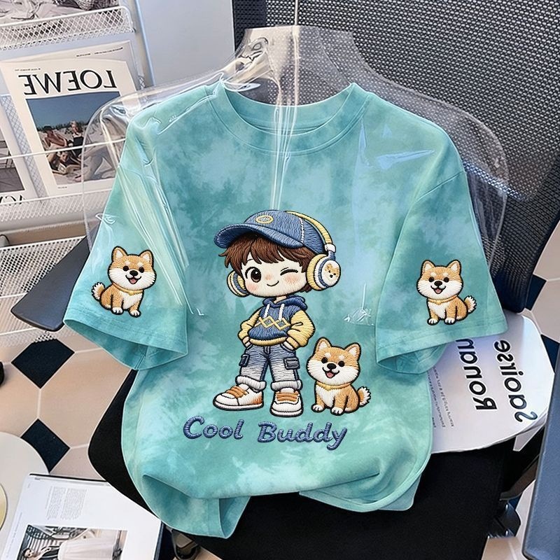Genius Whale Children's Pure Cotton Short-Sleeve Boys' Summer Clothes Versatile Gradient Top Baby Half-Sleeve Boys' Round Neck T-Shirt
