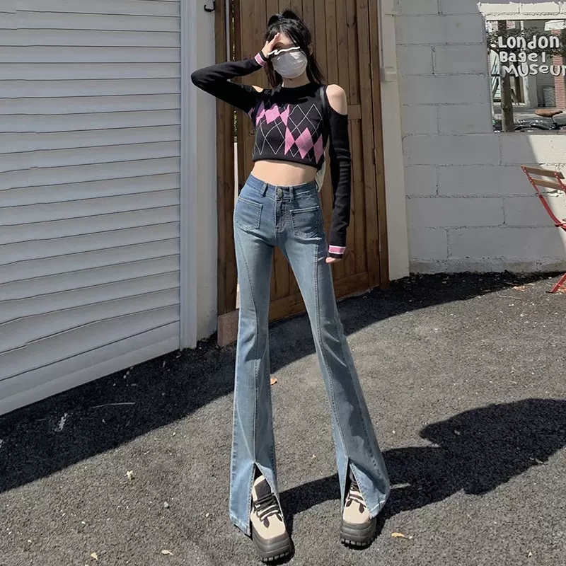 高腰显瘦牛仔裤女春季新款潮流时尚口袋弹力修身微喇叭开衩长裤