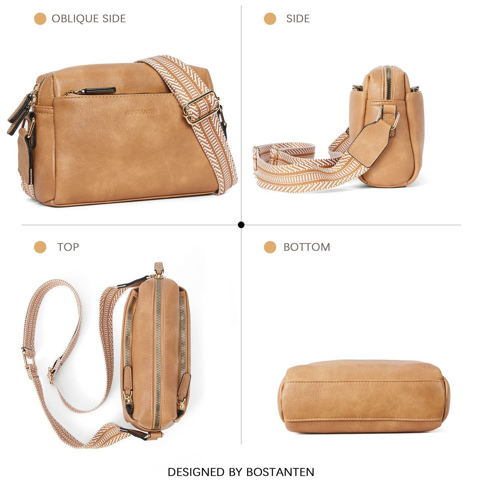 New women's small crossbody bag, three zippered mobile phone newspaper, leather small bag, colored shoulder strap single shoulder bag_voghion.com