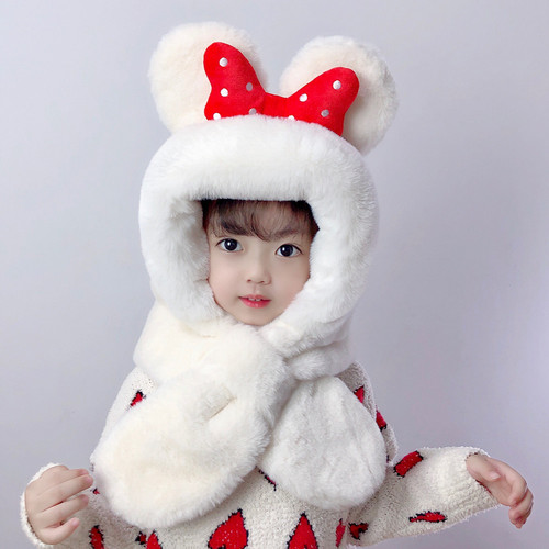 2pcs Children baby plush hat with Cute cartoon ear caps for boys girls Warm toddlers bib kid scarf all-in-one hat 1-7Y