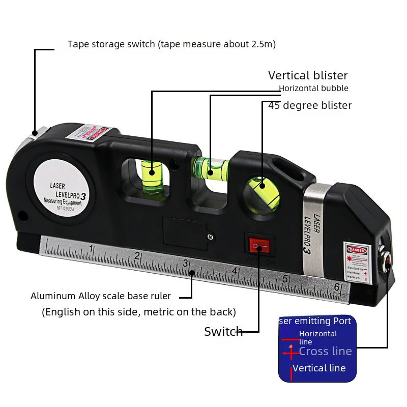 Portable decoration measurement tool 4 -in -1 laser horizontal ruler laser rolls with infrared small levels