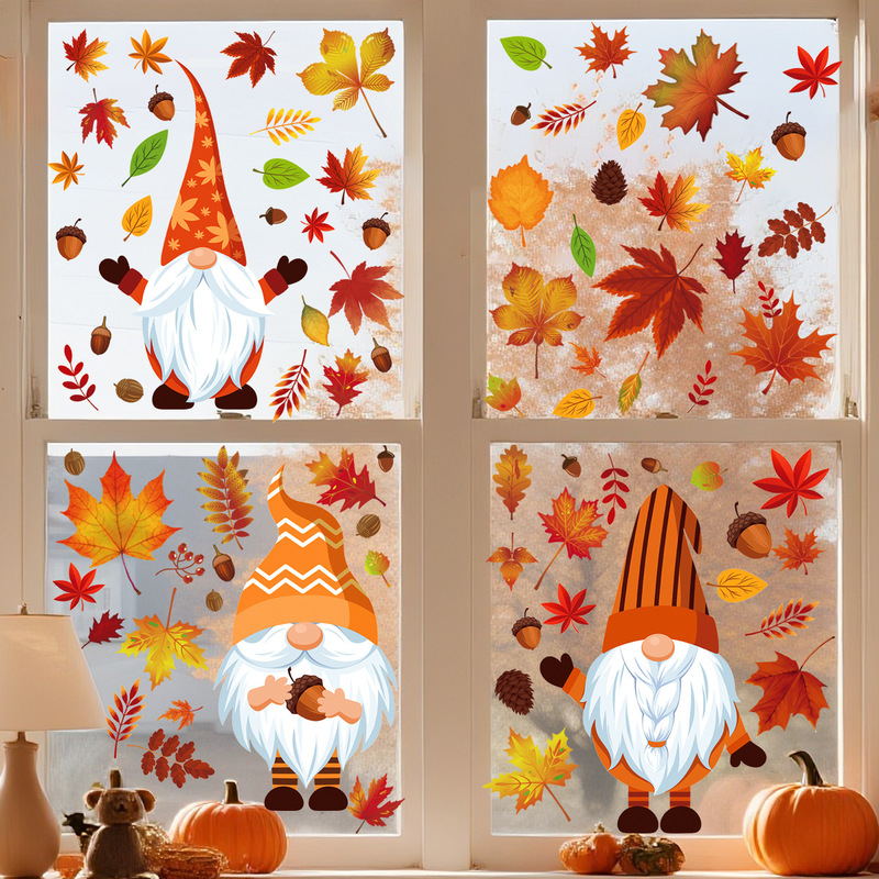 2026 New Amazon Thanksgiving Autumn Maple Leaf Stickers Static Cling Window Glass Decals Turkey Decorative Window Stickers