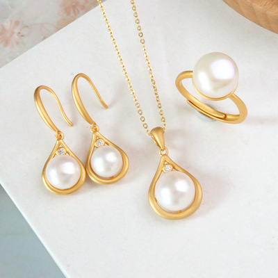 Pearl Set Female s925 Gold-plated freshwater Pearl Drop Earrings Necklace Ring senior Three
