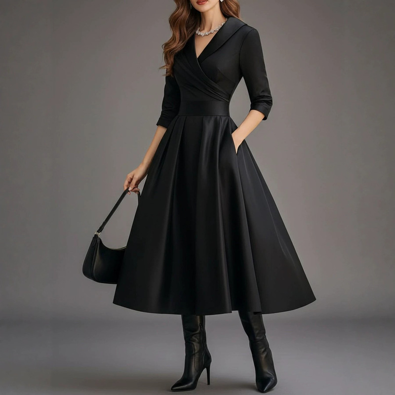 Cross-border Amazon satin dress 2026 autumn new V-neck A-line open pocket solid color simple evening gown